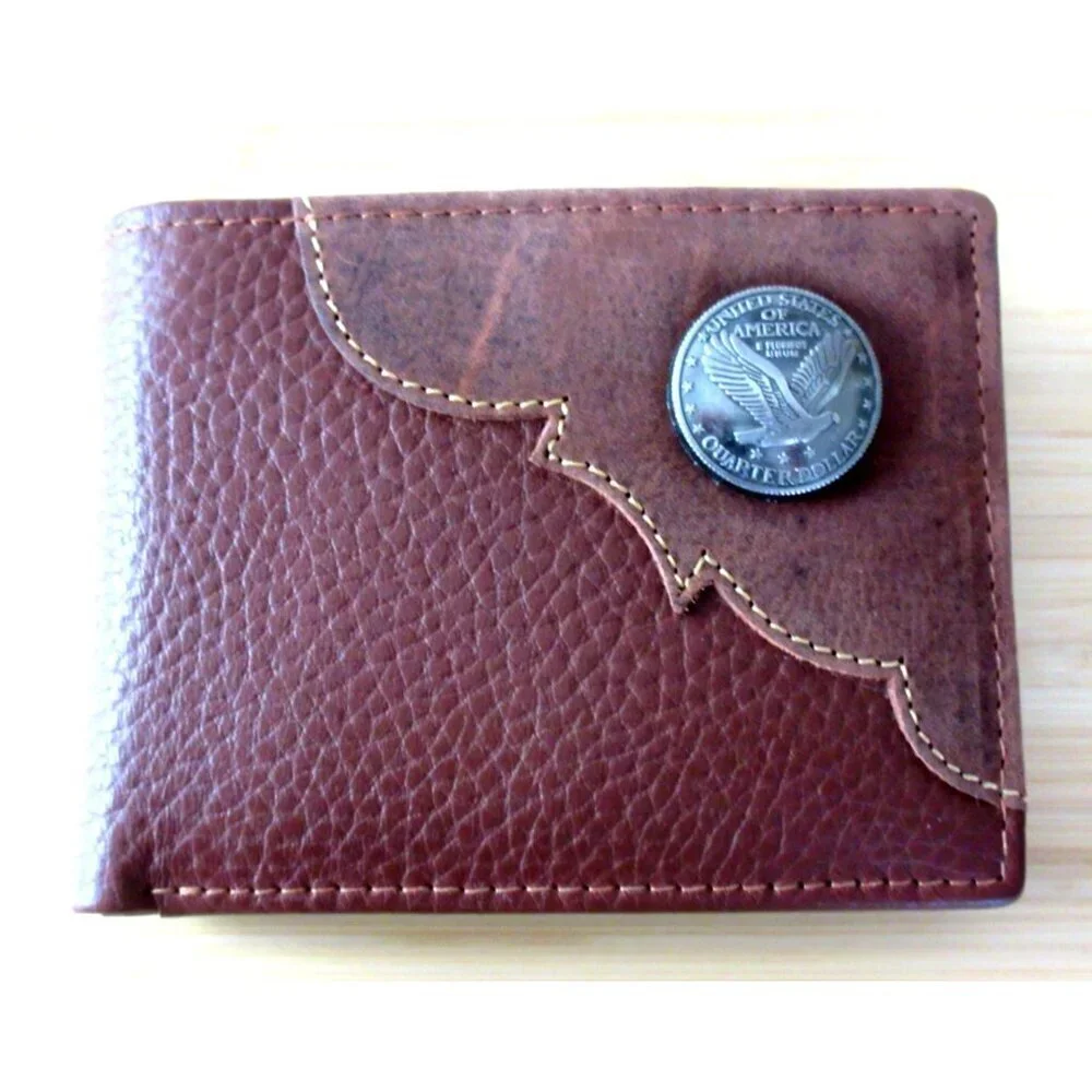 American Bison Men's Eagle Medallion Bifold Rodeo Brown Leather Wallet NEW